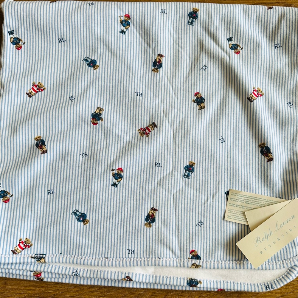 2 / $20 ‼️Ralph Lauren Blue Striped Blanket with Bear Preppy Design